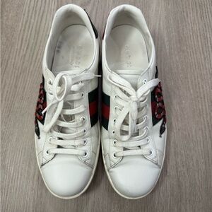 Gucci White Sneakers with Red and Black Embroidery